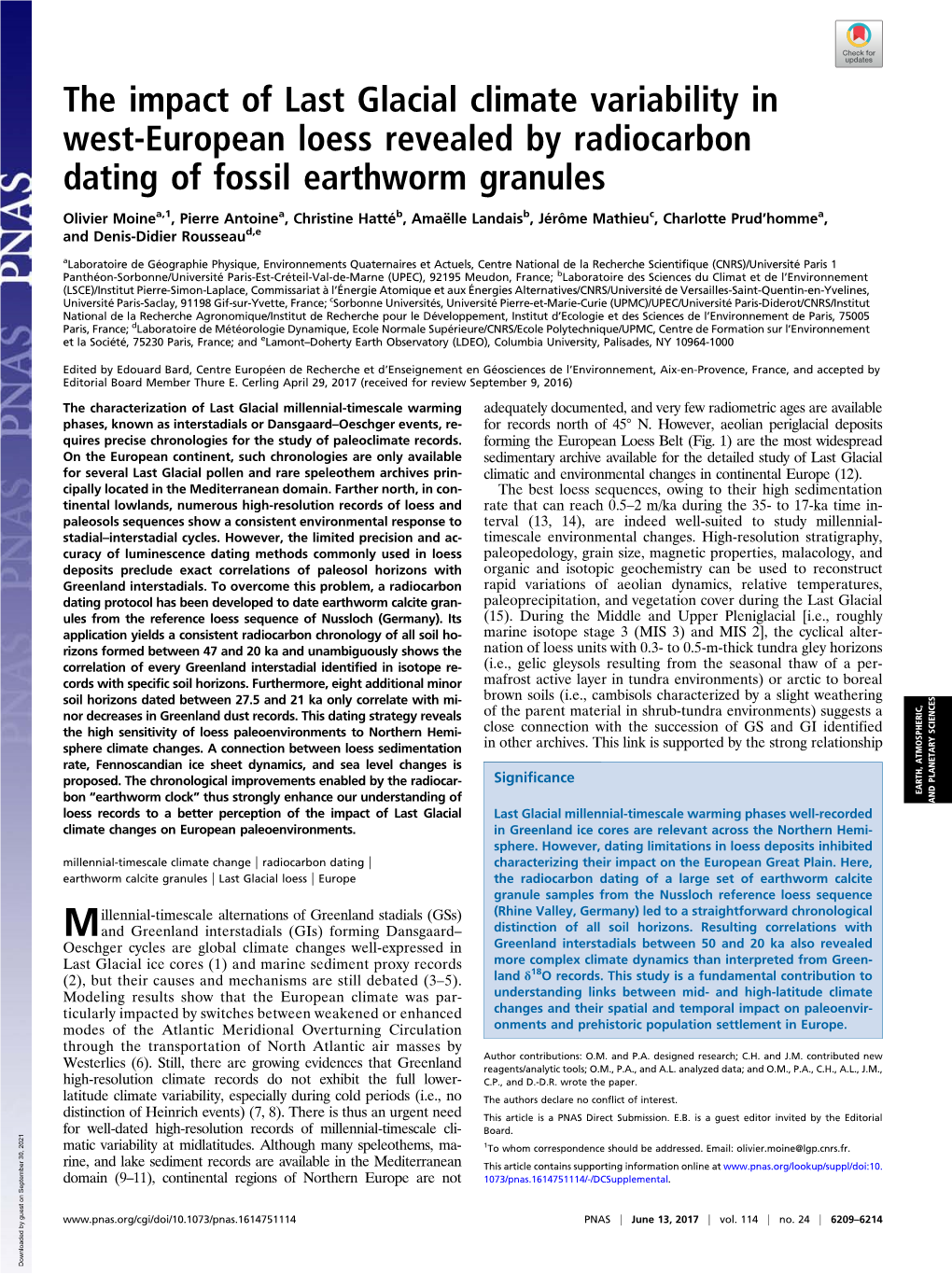 The Impact of Last Glacial Climate Variability in West-European Loess Revealed by Radiocarbon Dating of Fossil Earthworm Granules