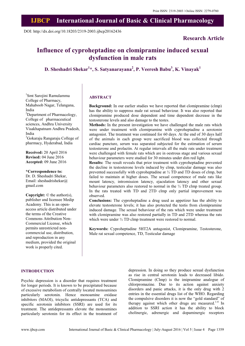 IJBCP International Journal of Basic & Clinical Pharmacology Influence of Cyproheptadine on Clomipramine Induced Sexual D