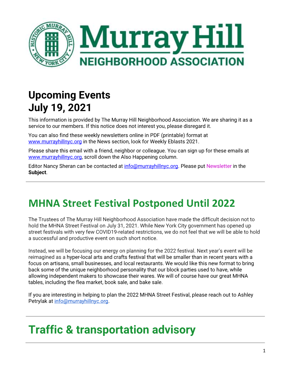 MHNA Street Festival Postponed Until 2022 Traffic & Transportation Advisory