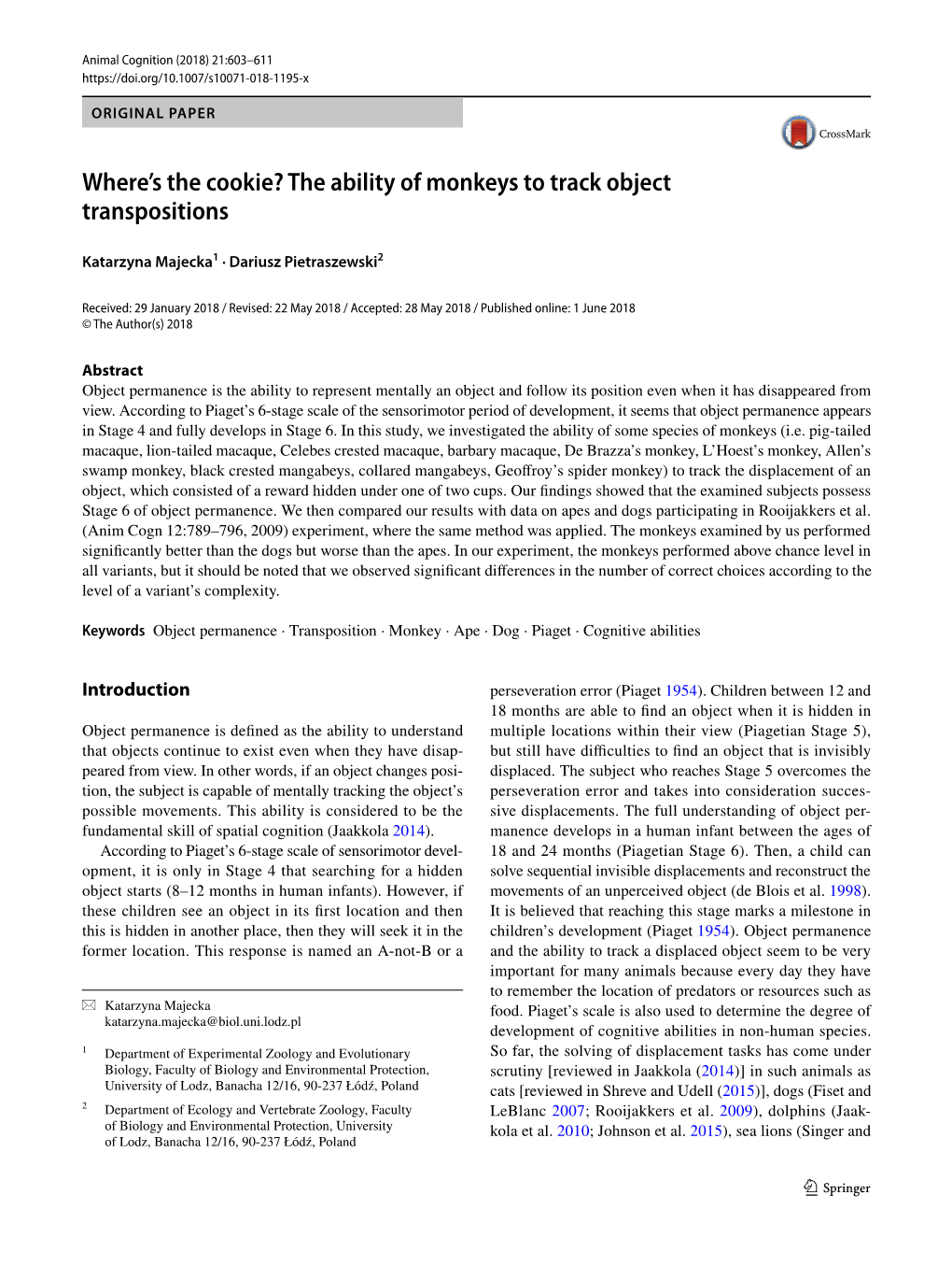 Where's the Cookie? the Ability of Monkeys to Track Object Transpositions