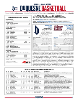 1 2020-21 Game Notes G1 | Little Rock (1-1) Vs. Duquesne (0-0)