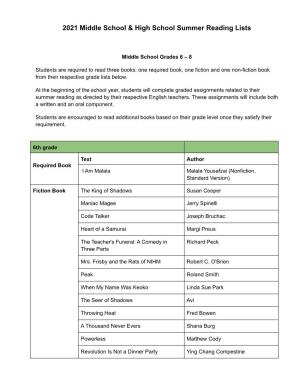 2021 Middle School & High School Summer Reading Lists