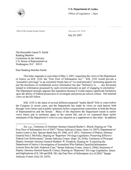 Department of Justice Views Letter on H.R. 2102, the "Free Flow Of