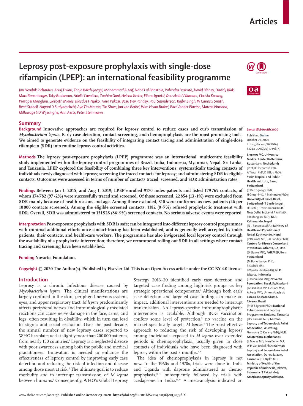 Leprosy Post-Exposure Prophylaxis with Single-Dose Rifampicin (LPEP): an International Feasibility Programme