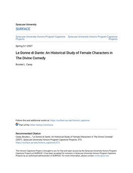 An Historical Study of Female Characters in the Divine Comedy