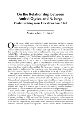On the Relationship Between Andrei Oþetea and N. Iorga Contextualizing Some Evocations from 1948