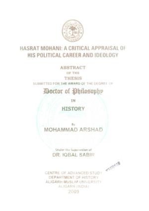 Hasrat Mohani: a Critical Appraisal of His Political Career and Ideology