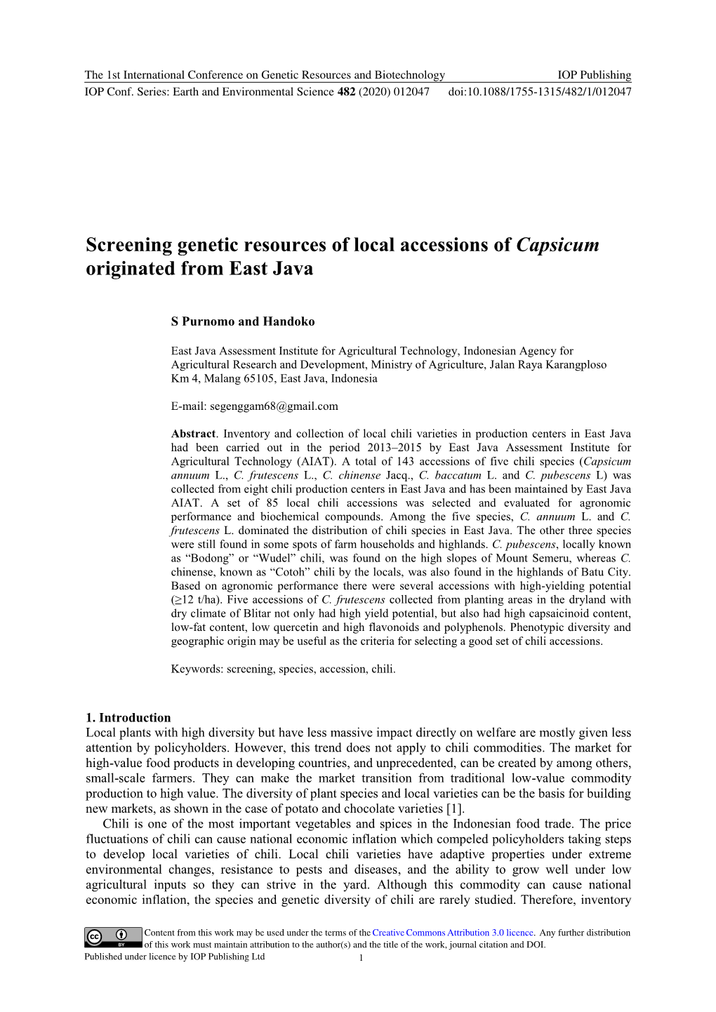 Screening Genetic Resources of Local Accessions of Capsicum Originated from East Java