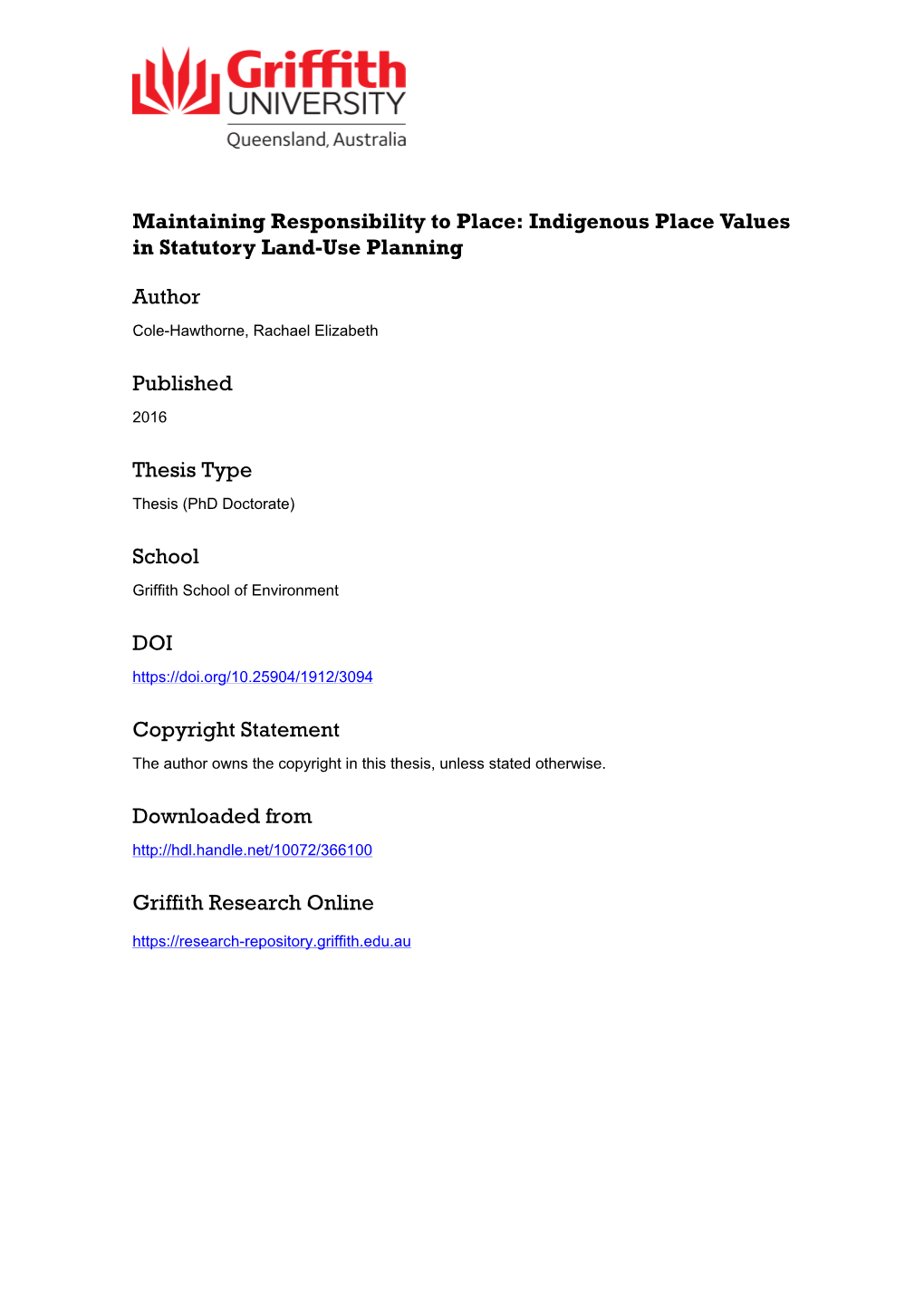 Maintaining Responsibility to Place: Indigenous Place Values in Statutory Land-Use Planning