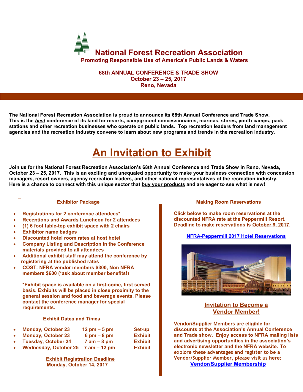 The National Forest Recreation Association Is Proud to Announce Its 68Th Annual Conference