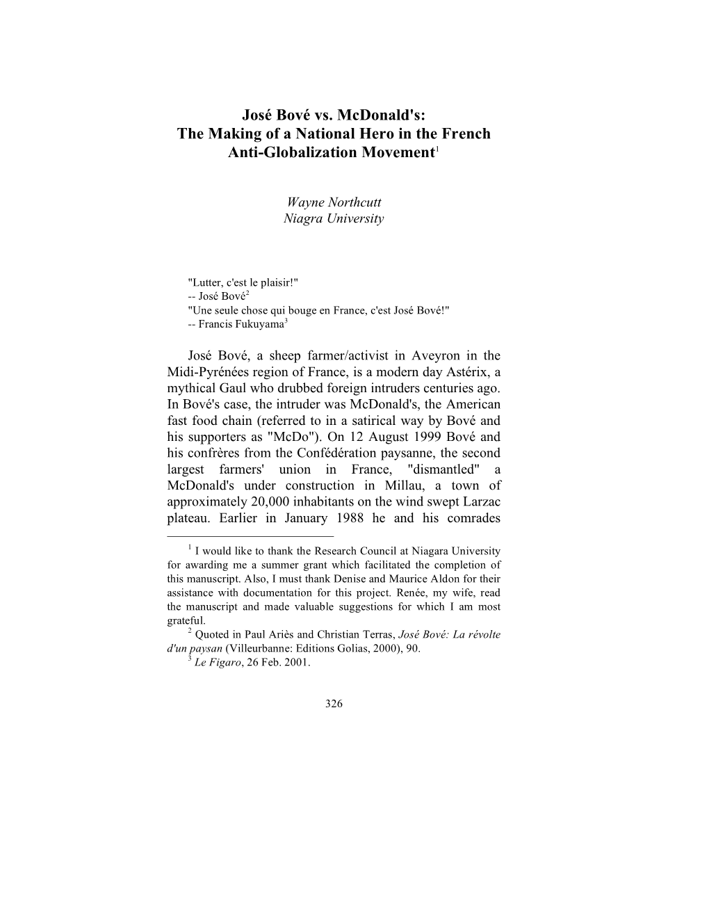 José Bové Vs. Mcdonald's: the Making of a National Hero in the French Anti-Globalization Movement1