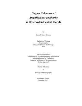 Copper Tolerance of Amphibalanus Amphitrite As Observed in Central Florida