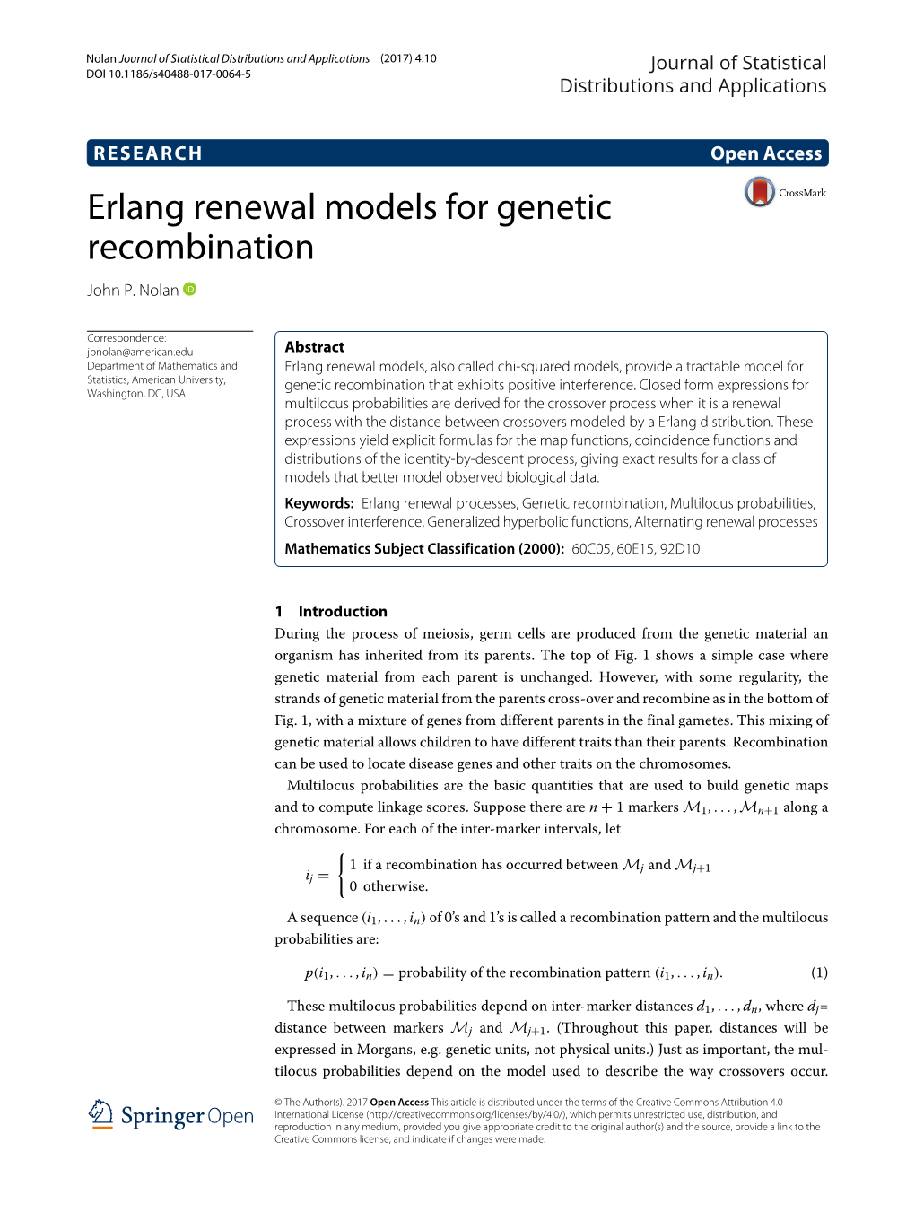 Erlang Renewal Models for Genetic Recombination John P