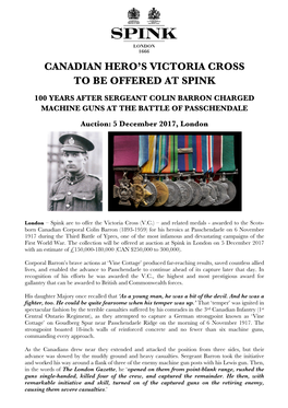 Canadian Hero's Victoria Cross to Be Offered at Spink
