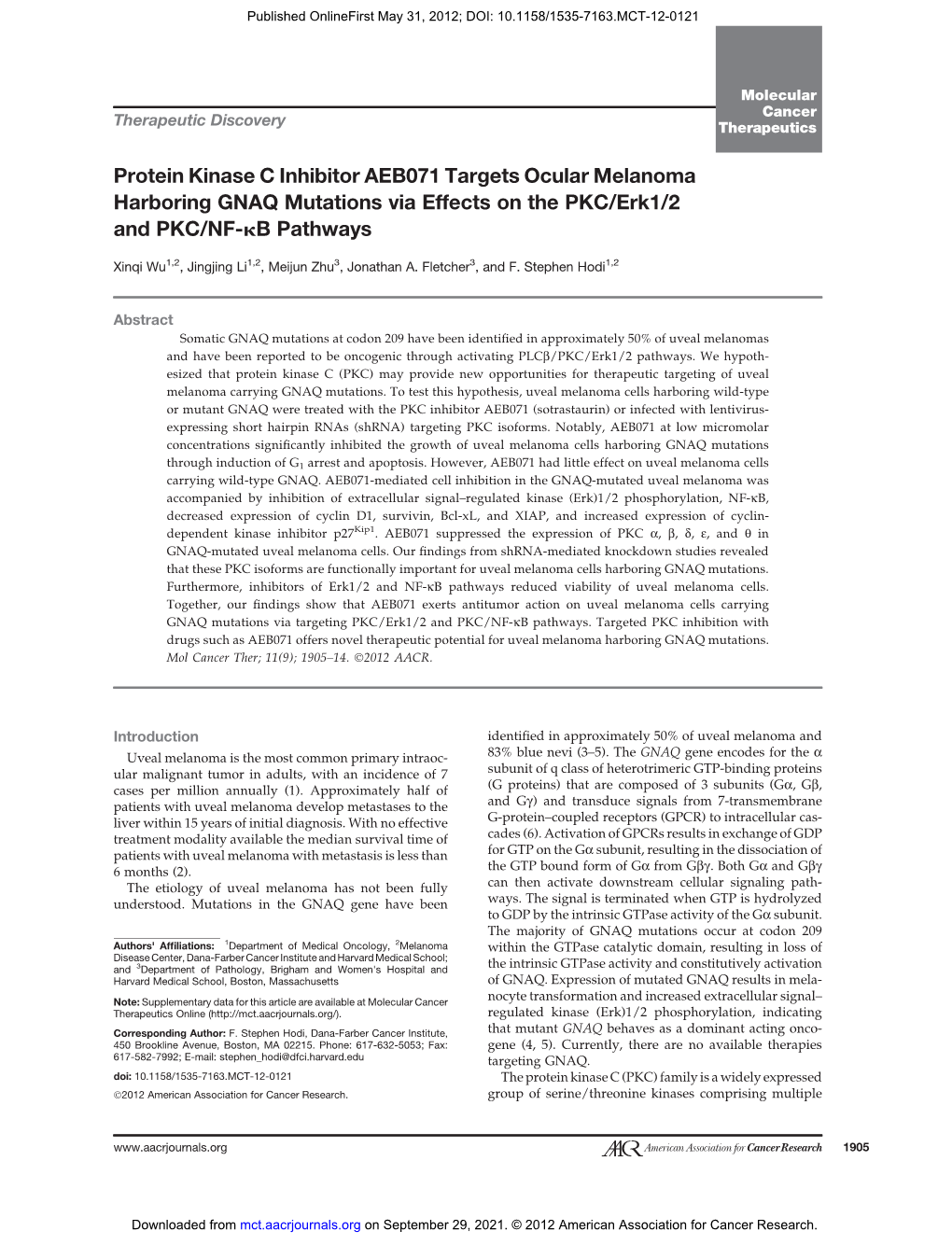 Protein Kinase C Inhibitor AEB071 Targets Ocular Melanoma Harboring GNAQ Mutations Via Effects on the PKC/Erk1/2 and PKC/NF-Kb Pathways