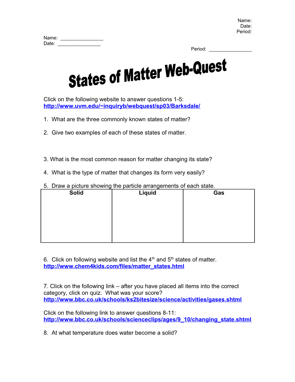 States of Matter Web-Quest