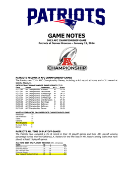 GAME NOTES 2013 AFC CHAMPIONSHIP GAME Patriots at Denver Broncos – January 19, 2014