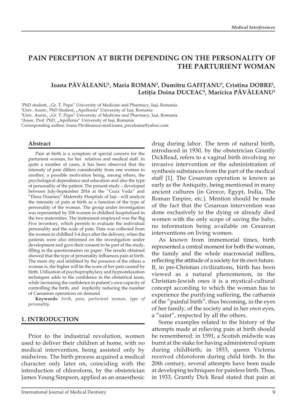 Pain Perception at Birth Depending on the Personality of the Parturient Woman