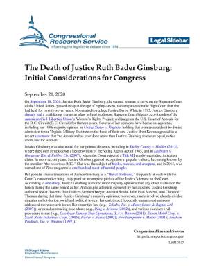 The Death of Justice Ruth Bader Ginsburg: Initial Considerations for Congress