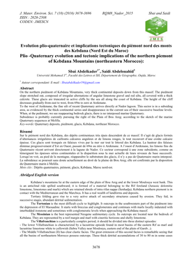 Evolution Plio-Quaternaire Et Implications Tectoniques Du Piémont Nord Des Monts Des Kebdana