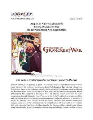 Aniplex of America Announces Record of Grancrest War Blu-Ray with Brand New English Dub!
