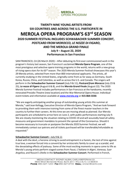 MEROLA OPERA PROGRAM's 63Rd SEASON