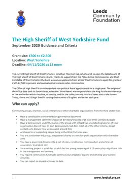 The High Sheriff of West Yorkshire Fund September 2020 Guidance and Criteria