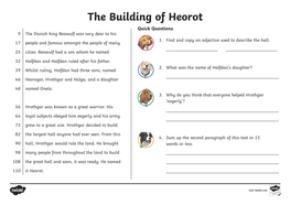 The Building of Heorot Quick Questions 9 the Danish King Beowulf Was Very Dear to His 1