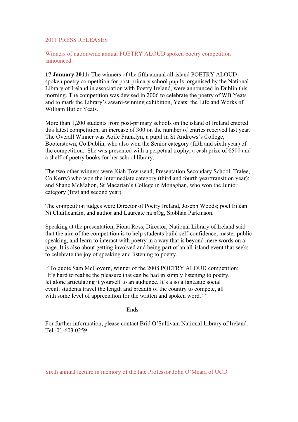 2011 PRESS RELEASES Winners of Nationwide Annual POETRY