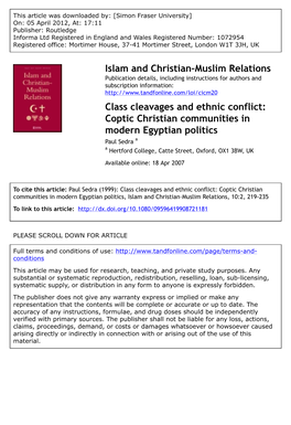 Class Cleavages and Ethnic Conflict: Coptic Christian Communities in Modern Egyptian Politics