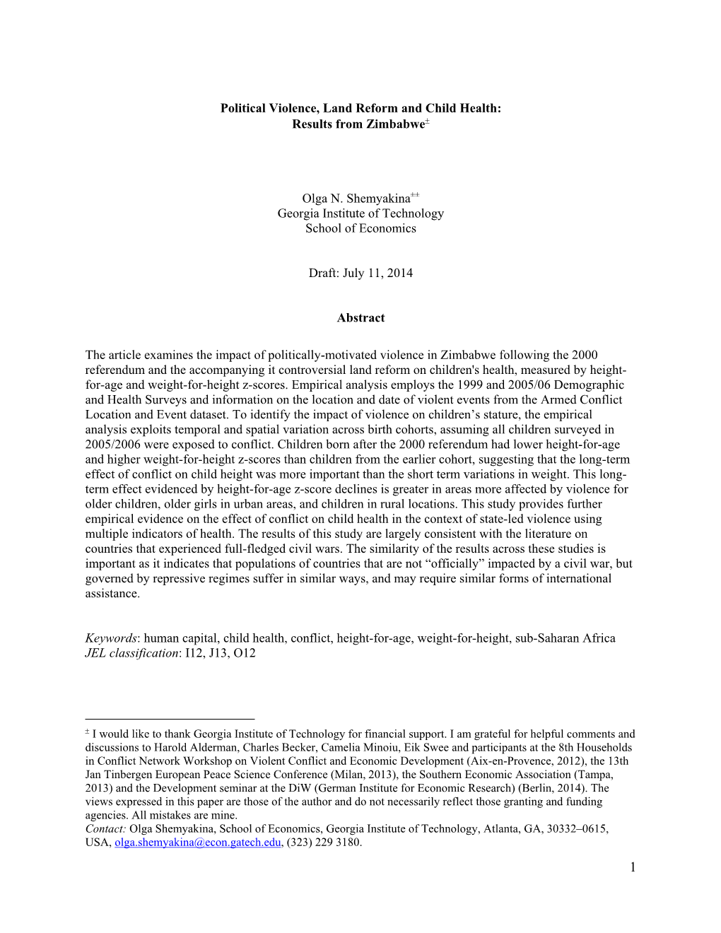 Political Violence, Land Reform and Child Health: Results from Zimbabwe Olga N. Shemyakina±± Georgia Institute of Technology