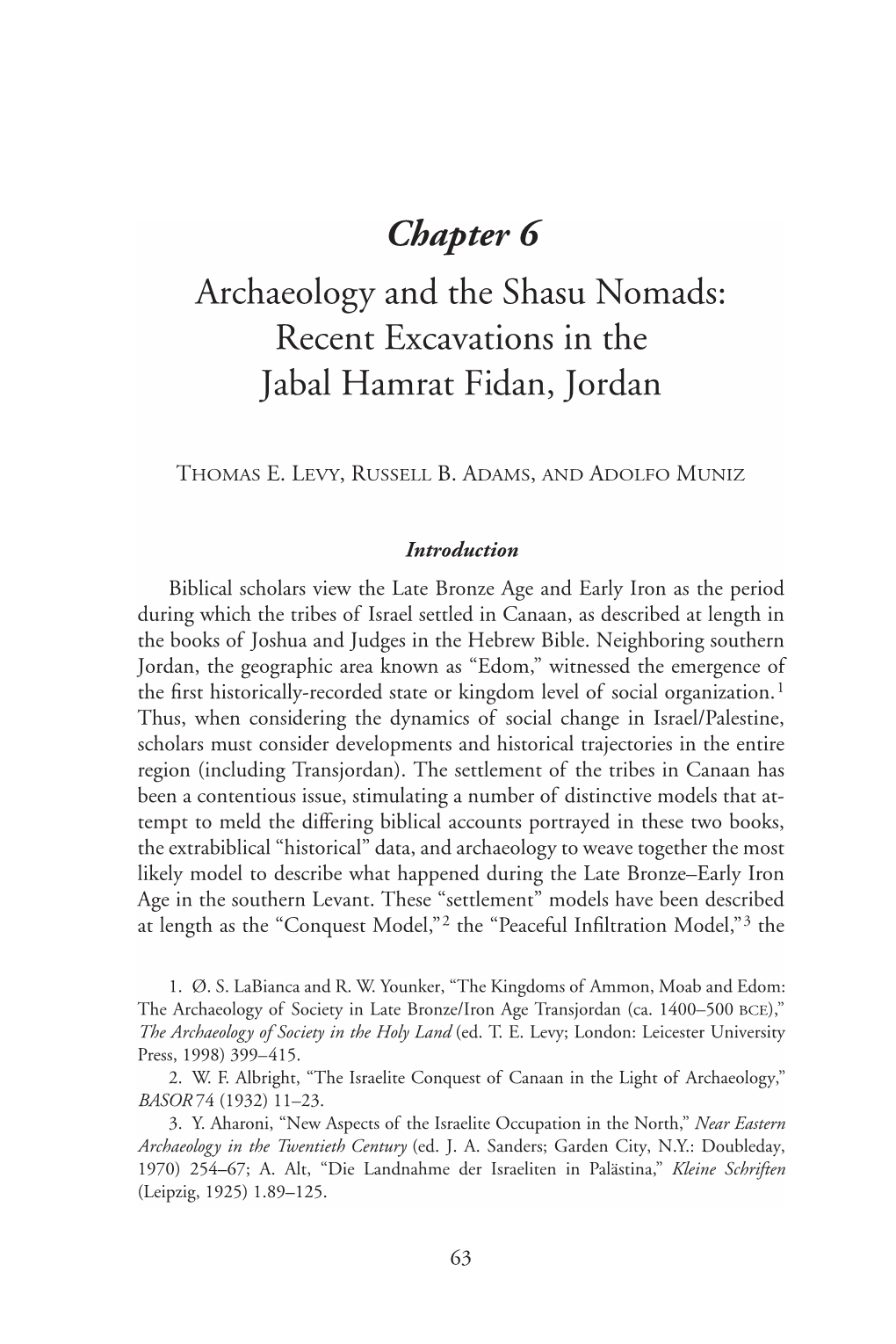 Chapter 6 Archaeology and the Shasu Nomads: Recent Excavations in the Jabal Hamrat Fidan, Jordan