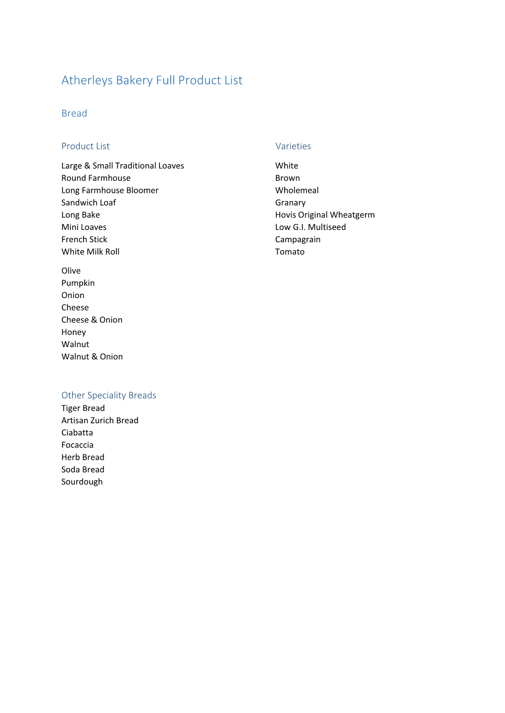 Atherleys Bakery Full Product List.Pdf