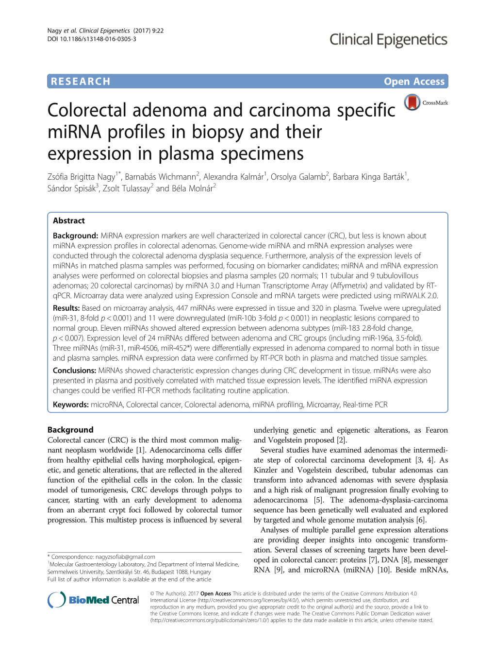 Colorectal Adenoma and Carcinoma Specific Mirna Profiles in Biopsy