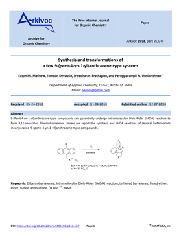 Synthesis and Transformations of a Few 9-(Pent-4-Yn-1-Yl)Anthracene-Type Systems