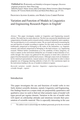 Variation and Function of Modals in Linguistics and Engineering Research Papers in English1