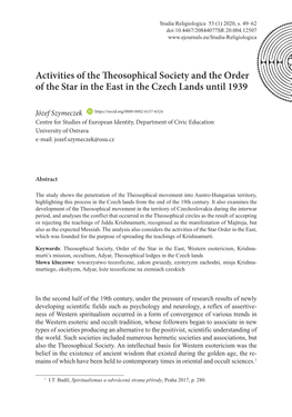 Activities of the Theosophical Society and the Order of the Star in the East in the Czech Lands Until 1939