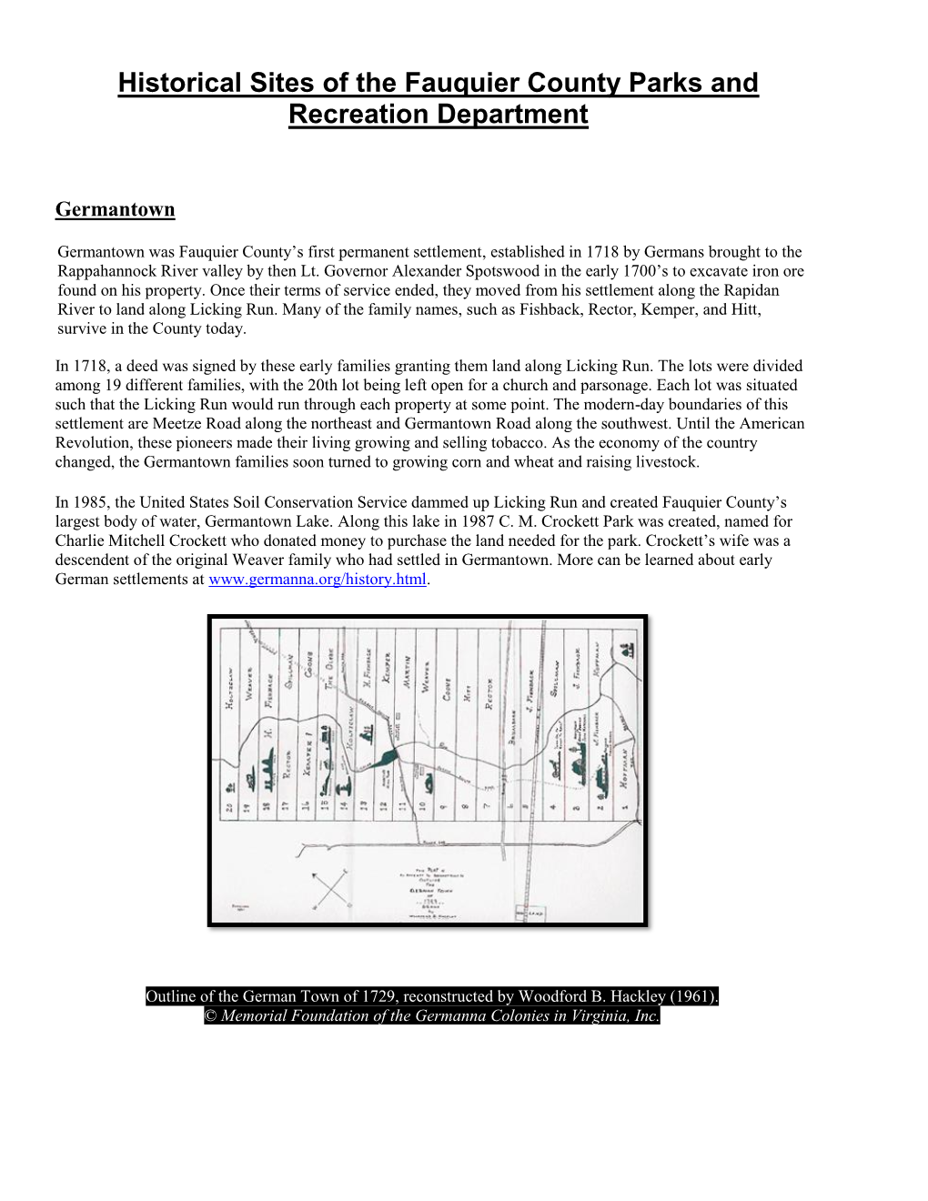 Historical Sites of the Fauquier County Parks and Recreation Department