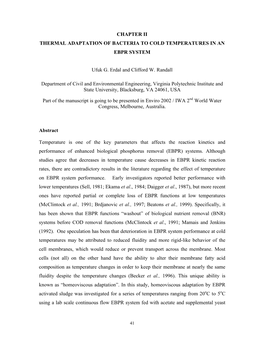 Chapter Ii Thermal Adaptation of Bacteria to Cold Temperatures in an Ebpr System