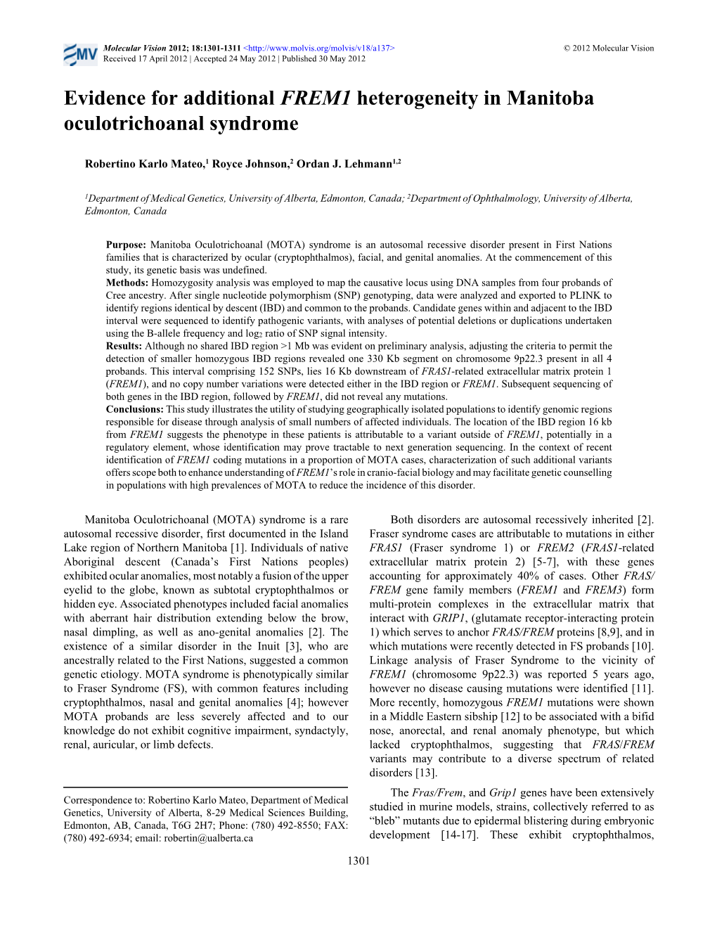 Evidence for Additional FREM1 Heterogeneity in Manitoba Oculotrichoanal Syndrome