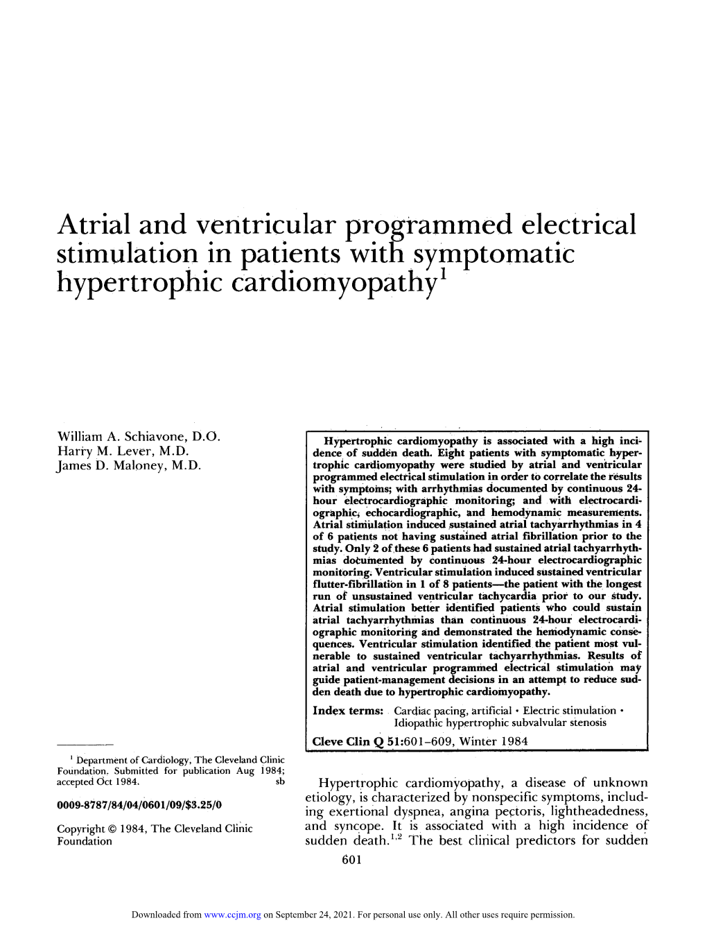 Atrial and Ventricular Programmed Electrical Stimulation in Patients with Symptomatic Hypertrophic Cardiomyopathy1