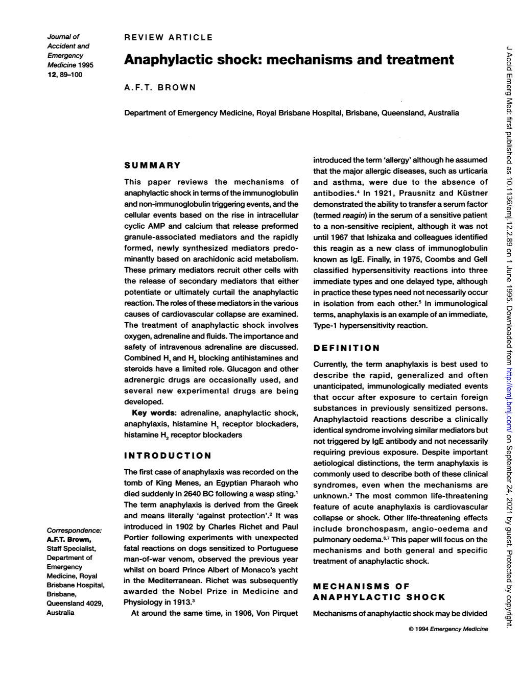 Anaphylactic Shock: Mechanisms and Treatment 12, 89-100 A.F.T