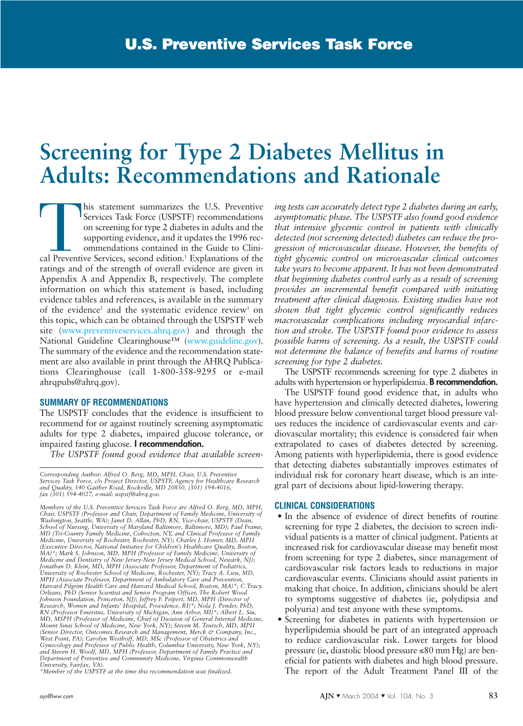 Screening for Type 2 Diabetes Mellitus in Adults: Recommendations and Rationale