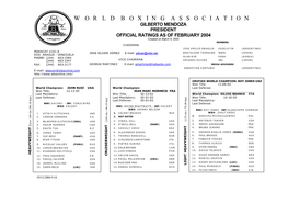 WORLD BOXING ASSOCIATION GILBERTO MENDOZA PRESIDENT OFFICIAL RATINGS AS of FEBRUARY 2004 Created on March 9, 2004 MEMBERS CHAIRMAN P.O