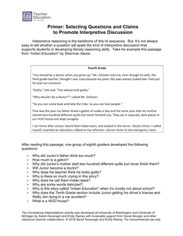 Primer: Selecting Questions and Claims to Promote Interpretive Discussion