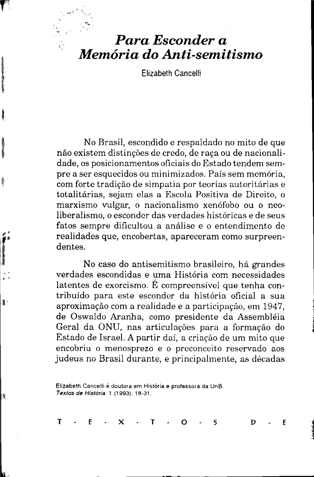 Para Esconder a Memória Do Anti-Semitismo Elizabeth Cancelli