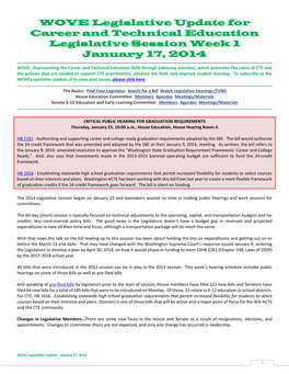 WOVE Legislative Update for Career and Technical Education Legislative Session Week 1 January 17, 2014
