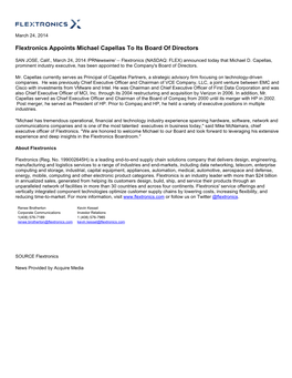 Flextronics Appoints Michael Capellas to Its Board of Directors