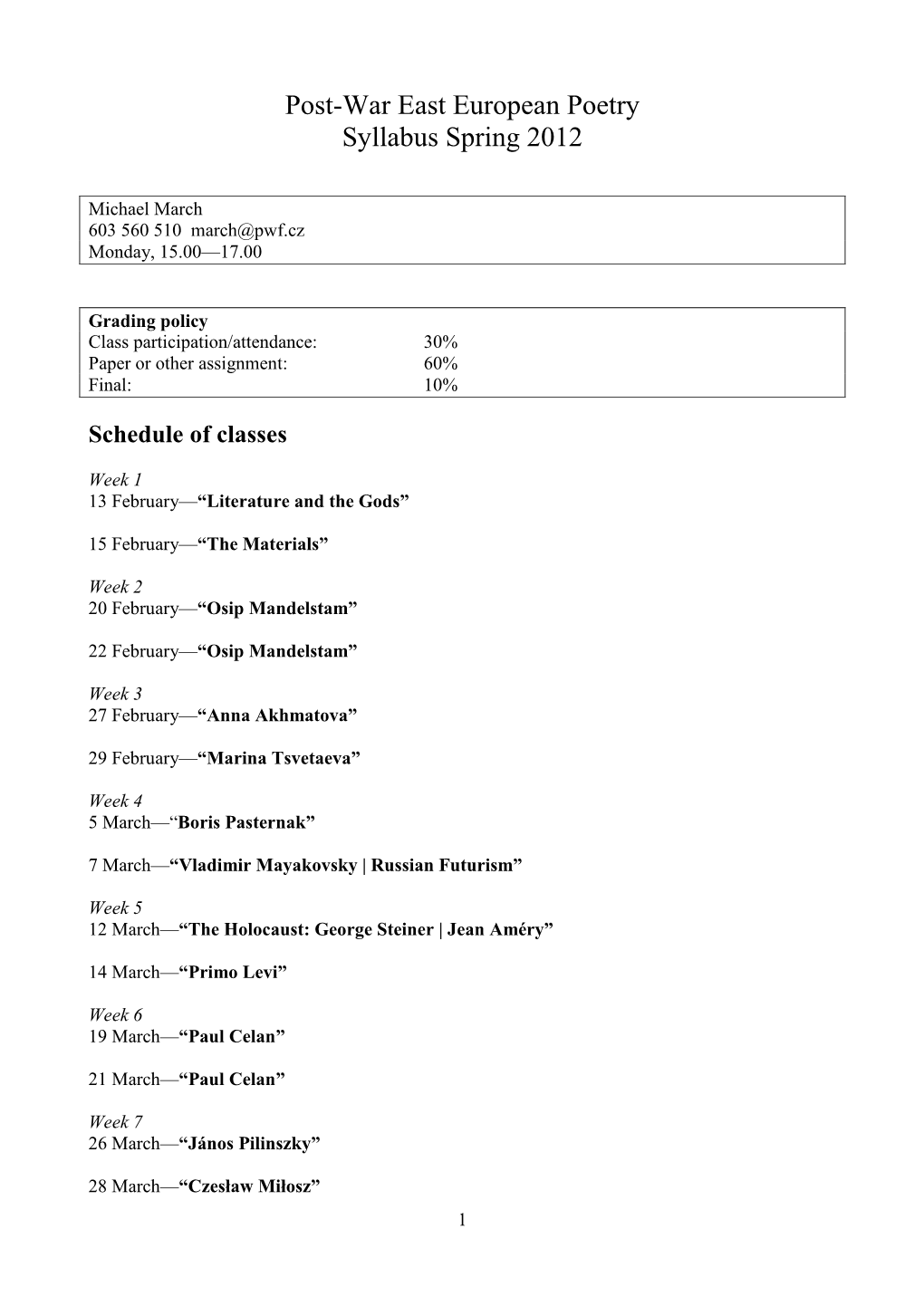 Post-War East European Poetry Syllabus Spring 2012