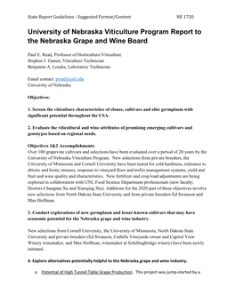 University of Nebraska Viticulture Program Report to the Nebraska Grape and Wine Board